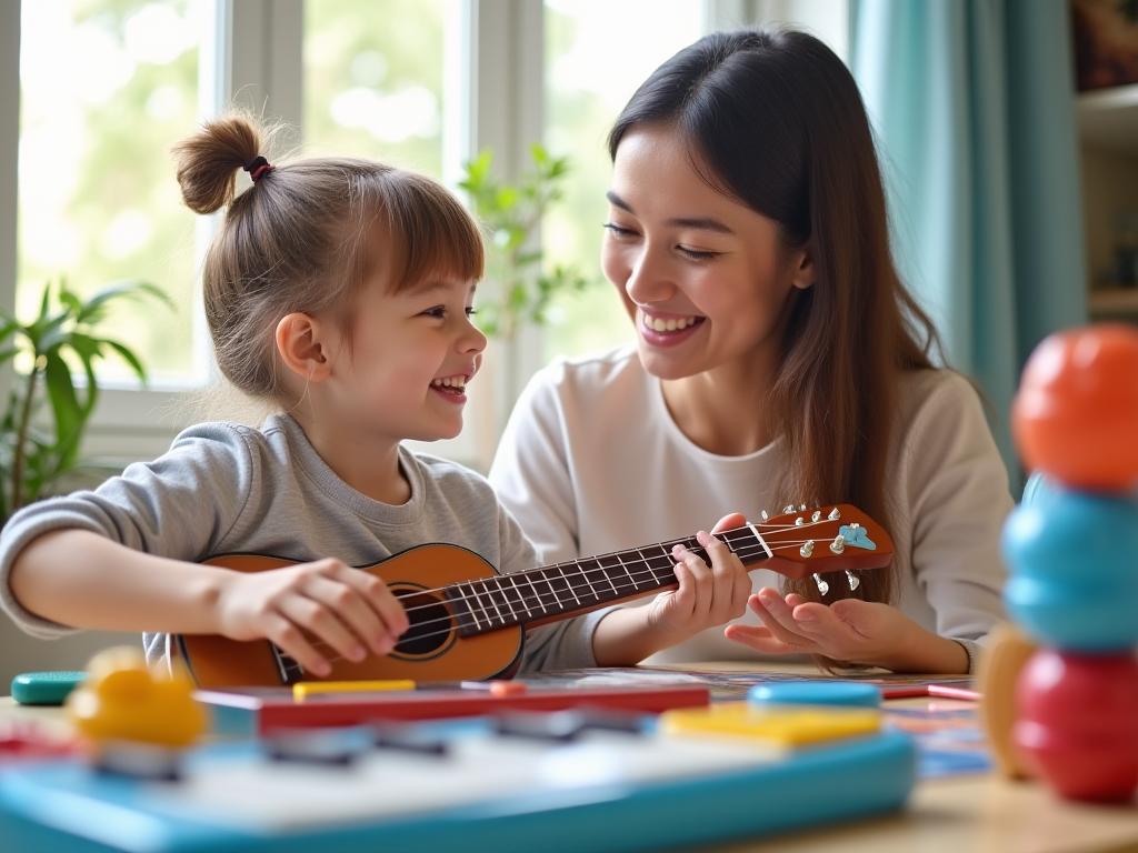 Parent and child learning music together